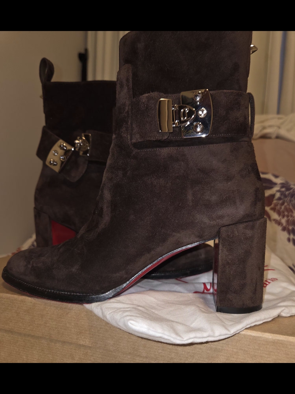 Christian Louboutin Dark Brown Suede Block Heel Ankle Boots with Gold Buckle